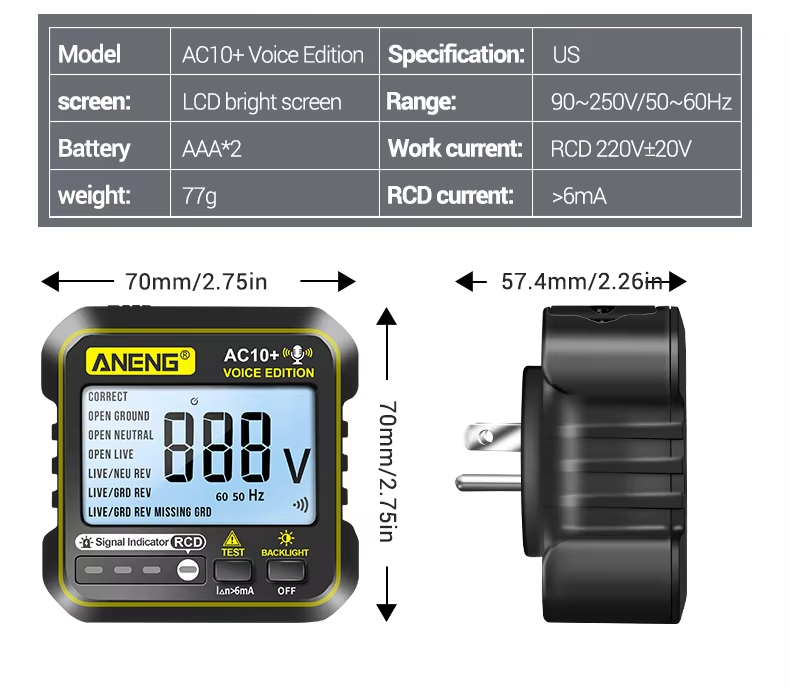 ANENG AC10+ Digital Display Multimeter Socket Tester